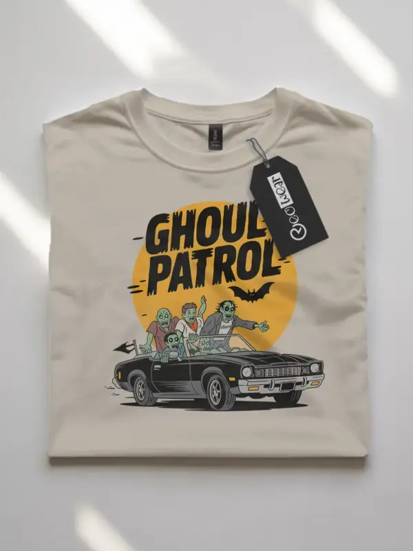 Front View natural flatlay Ghoul Patrol Shirt – Retro Zombie Car T-Shirt
