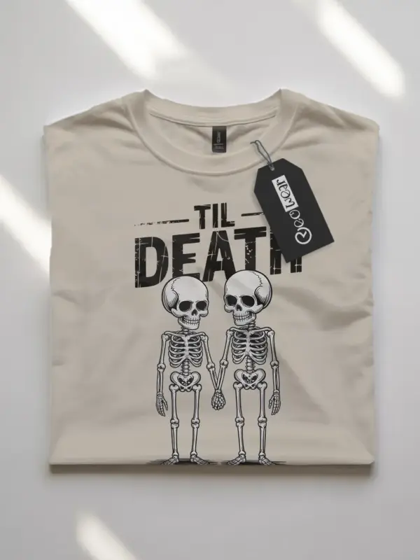 natural flatlay front – vintage-style gothic skeleton couple t-shirt for lovers