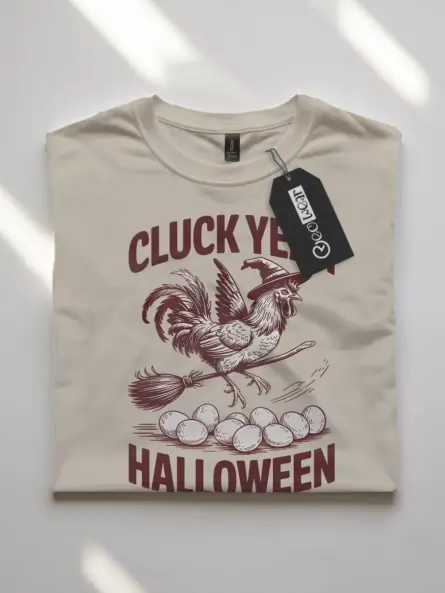 natural flatlay vintage chicken witch Halloween shirt Cluck Yeah design