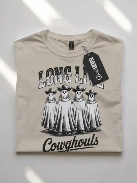 natural flatlay front view – spooky cowgirl Halloween shirt western ghost cowboy t-shirt