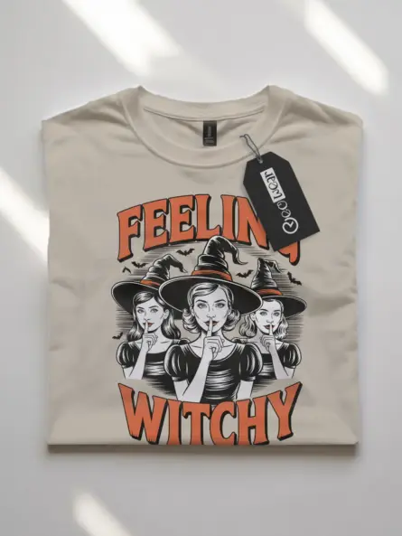 front – Feeling Witchy vintage witchcore Halloween shirt in natural flatlay