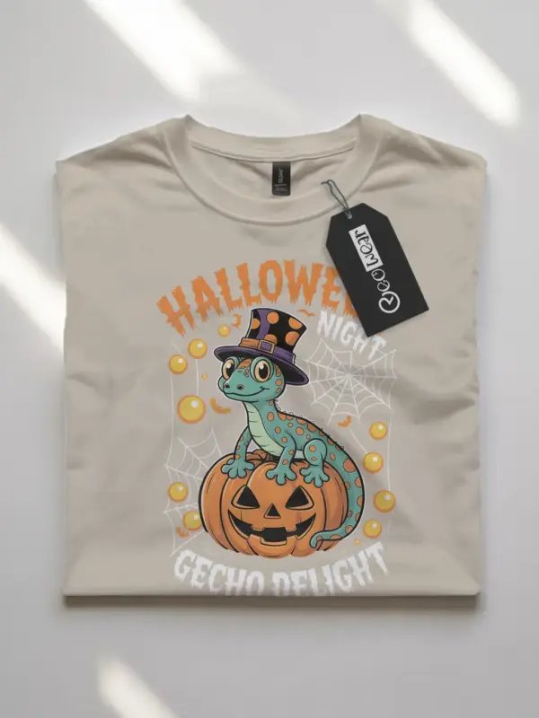 shirt front view - natural flatlay Halloween Night text - gecko halloween t-shirt