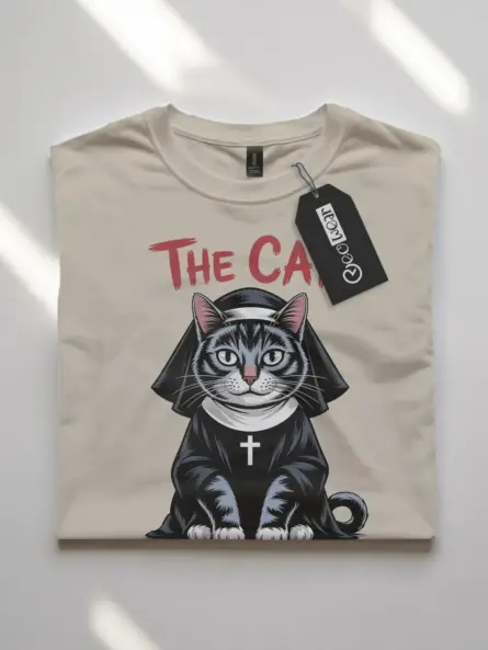 natural flatlay graphic parody cat shirt – gothic cat nun shirt