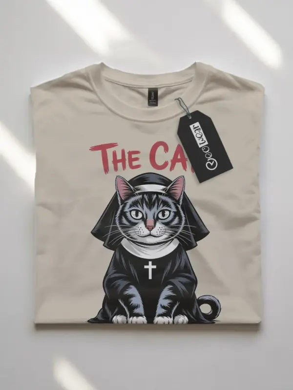 natural flatlay graphic parody cat shirt – gothic cat nun shirt