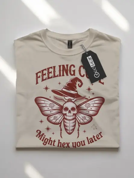 front – natural witchcore moth skull t-shirt with mystical quote