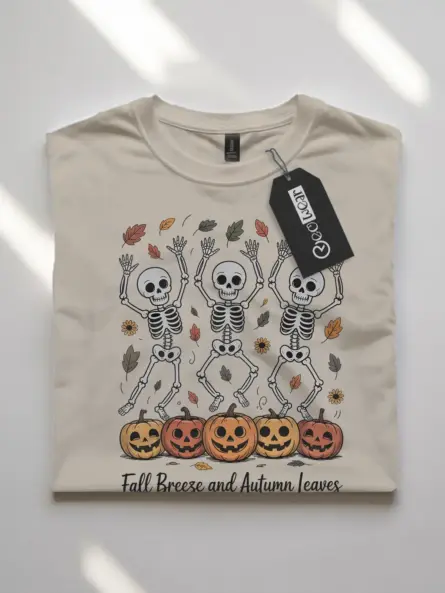 Whimsical Dancing Skeleton Fall Shirt – Cozy Autumn Leaves Tee - Image 7