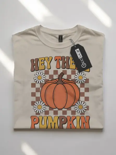 Hey There Pumpkin Shirt – Retro Fall Tee with Checkered & Daisy Design - Image 7