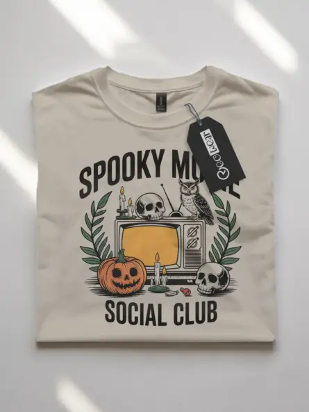 natural flatlay spooky movie social club t-shirt front view – spooky season club graphic