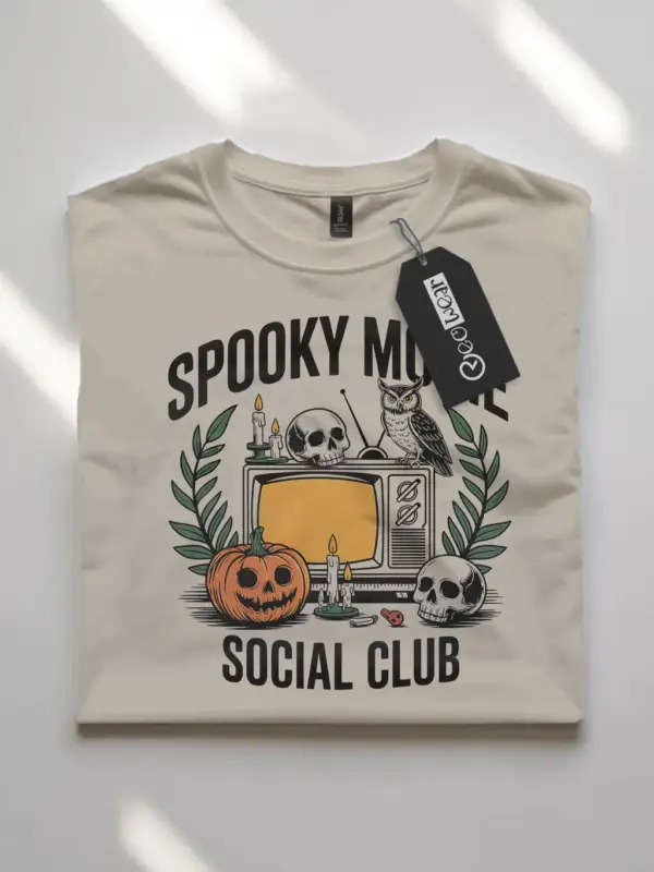 natural flatlay spooky movie social club t-shirt front view – spooky season club graphic