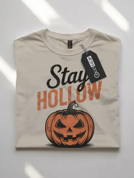 natural flatlay front – vintage-style pumpkin t-shirt with Stay Hollow phrase