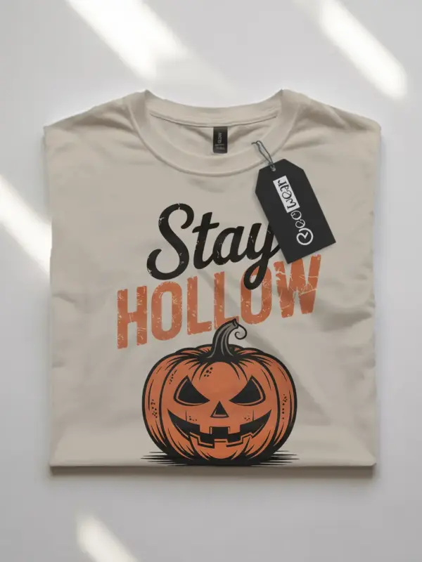 natural flatlay front – vintage-style pumpkin t-shirt with Stay Hollow phrase