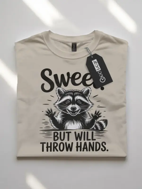 natural flatlay Sweet But Will Throw Hands Shirt front graphic with sarcastic raccoon