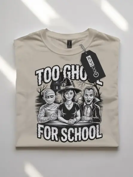 natural flatlay too ghoul for school t-shirt front – retro halloween tee with vampire and witch