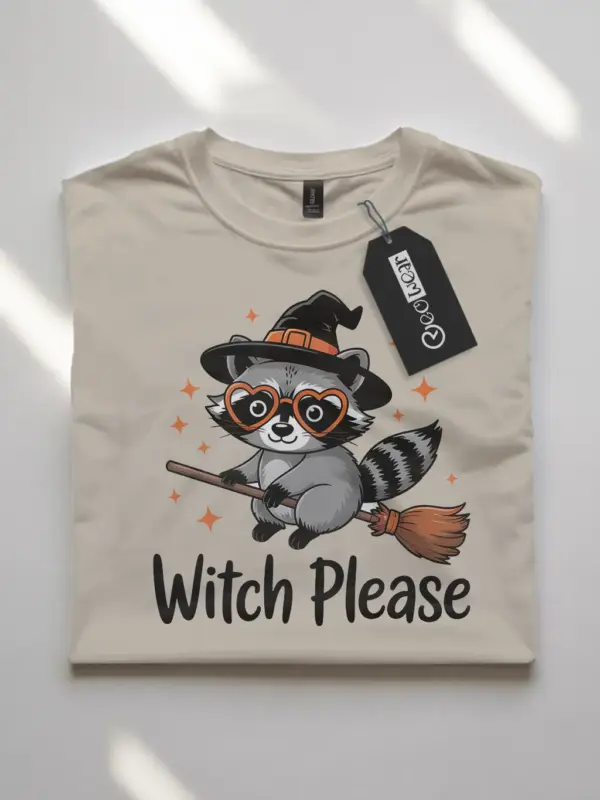 natural flatlay Witch Please Raccoon Graphic Tee – witch please raccoon t-shirt