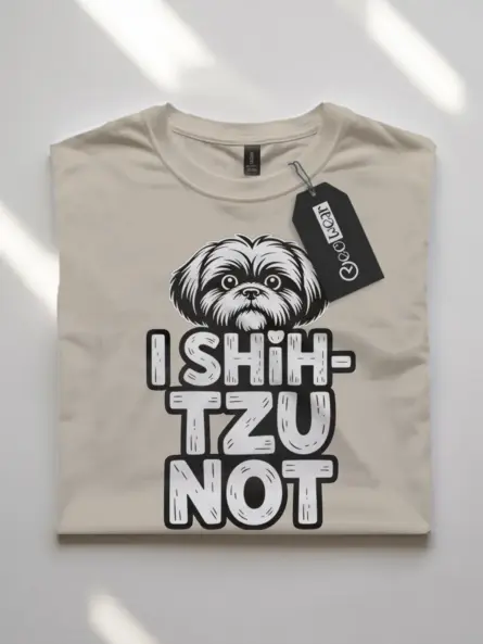 natural flatlay folded – Shih Tzu pun tee folded view with cartoon dog