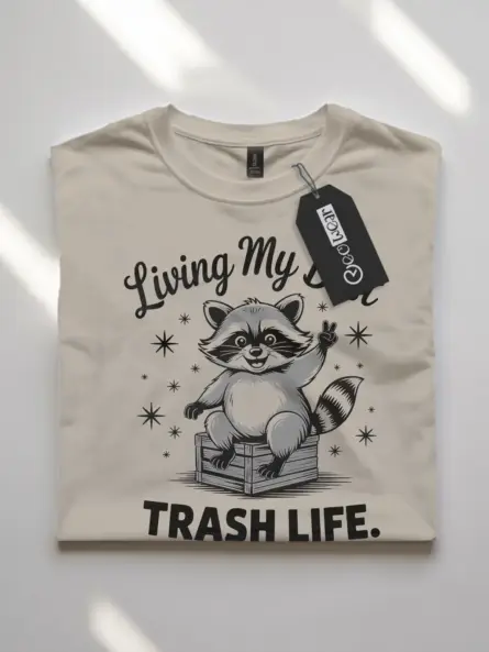 natural flatlay Shirt Front View – Living My Best Trash Life – funny raccoon trash panda t-shirt