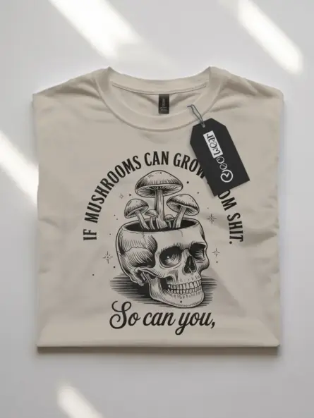 natural flatlay front view if mushroom can grow funny mushroom skull shirt