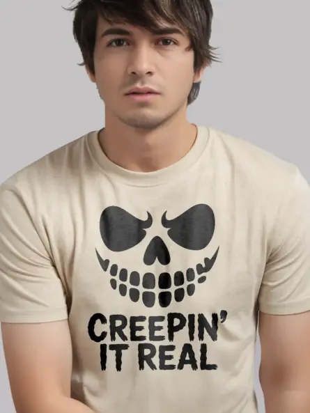 natural Front view Creepin It Real Halloween T-Shirt minimalist skull