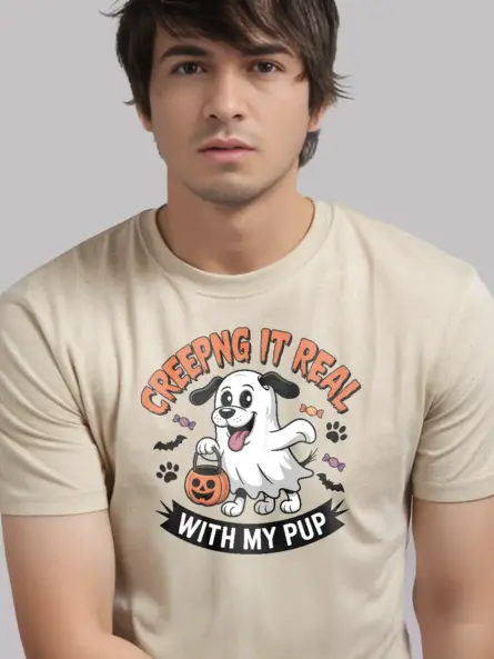 natural Creeping It Real Dog Halloween T-Shirt paw prints and candy