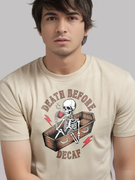 natural Funny Gothic Coffee Shirt – death before decaf vintage t-shirt
