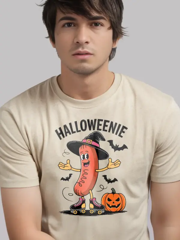 natural Hot Dog in Witch Hat Shirt – halloweenie hot dog t-shirt