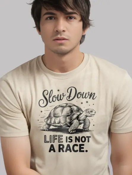 natural flatlay – Slow Down Life Is Not a Race – mindfulness turtle t-shirt