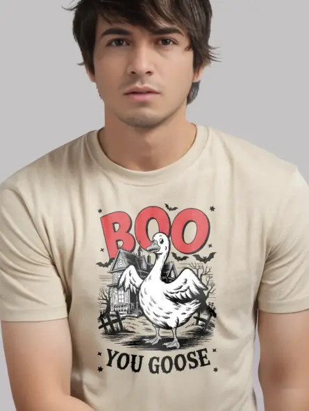 Natural front view – spooky goose Halloween shirt with ghost costume natural
