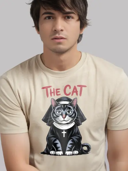 natural flatlay front view – spooky cat priest tee – gothic cat nun shirt