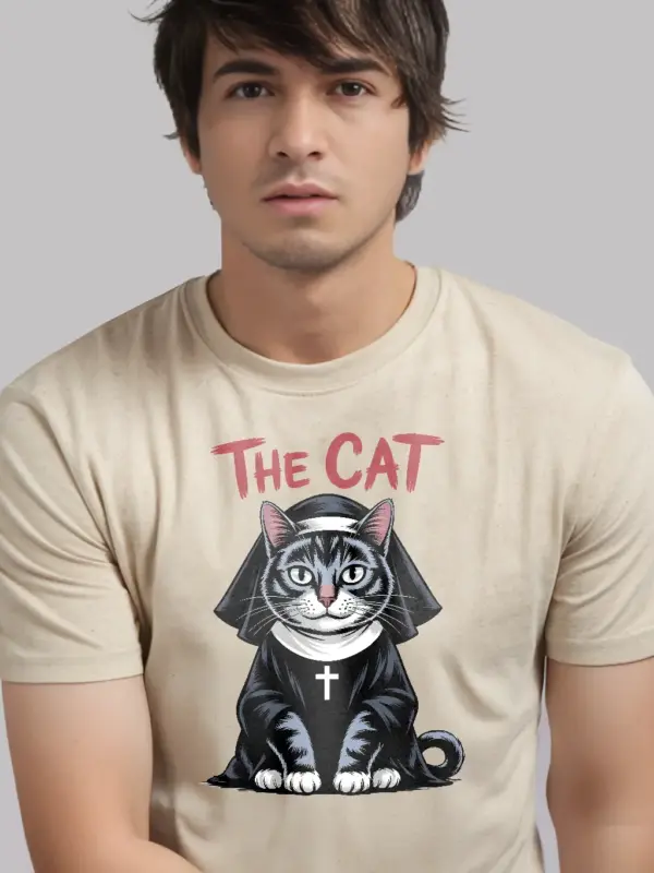 natural flatlay front view – spooky cat priest tee – gothic cat nun shirt