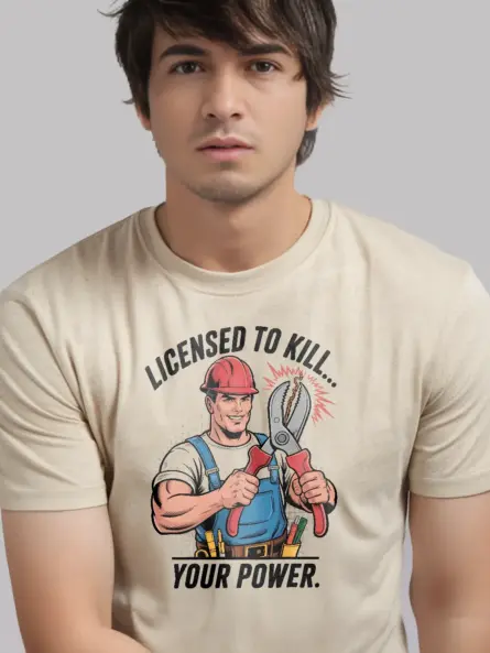 Licensed Electrician Pun T-Shirt – Comic Style “Licensed to Kill… Your Power - Image 9