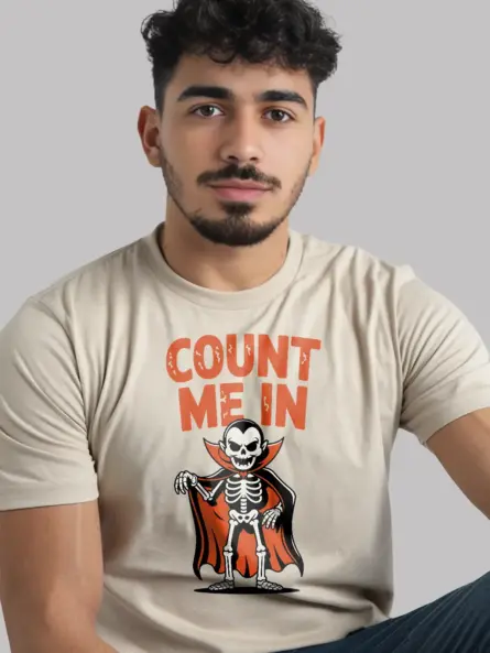 natural Shirt Lifestyle Shot – Count Me In – funny vampire skeleton t-shirt