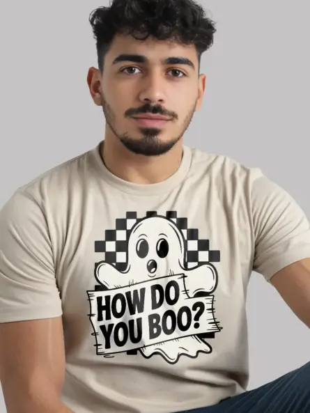 natural cute ghost Halloween tee with checkerboard
