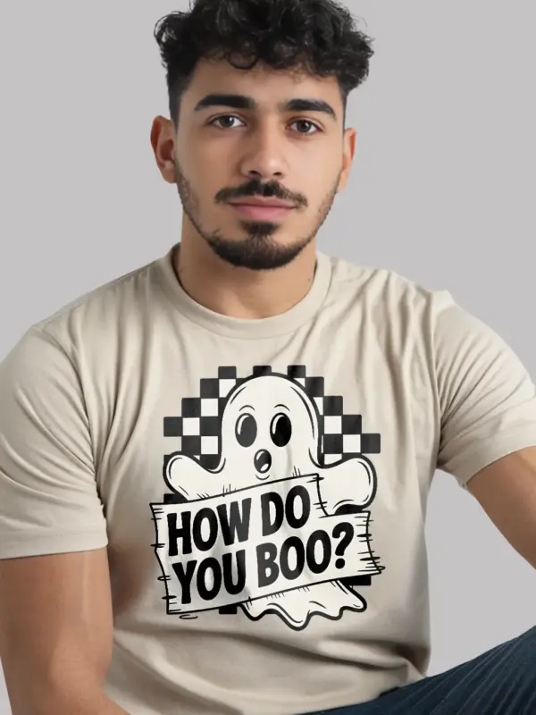 natural cute ghost Halloween tee with checkerboard