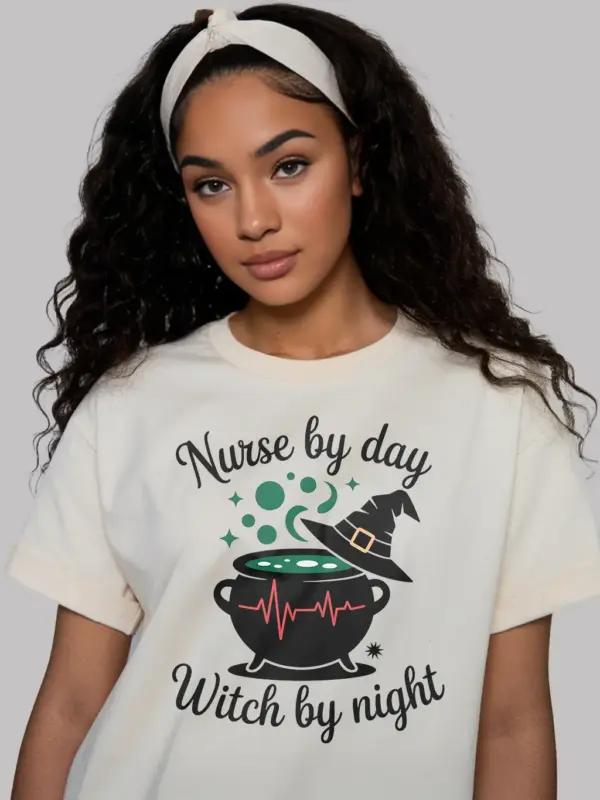 natural nurse by day witch by night t-shirt for medical staff