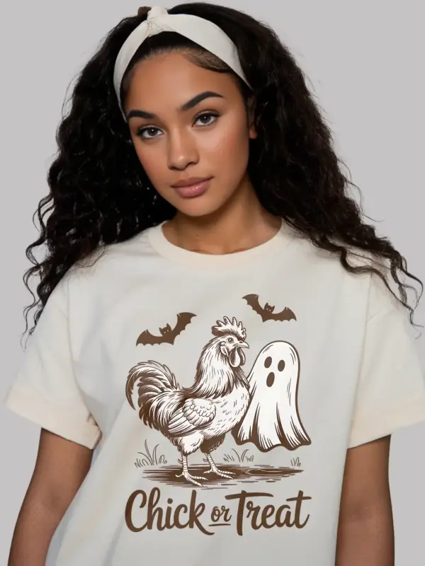 close-up of rooster ghost Halloween tee natural version