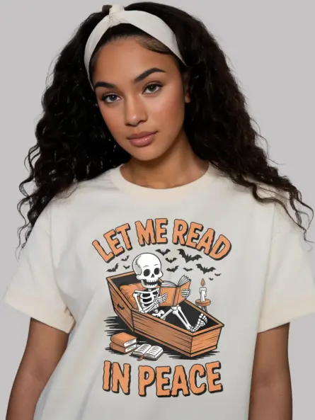 natural shirt – spooky candle and books design – skeleton reading t-shirt