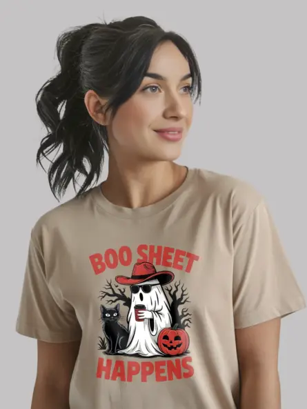 Natural front view – sarcastic cowboy ghost Halloween shirt in natural