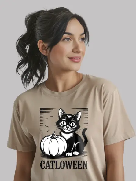 Natural front view – rustic Catloween tee vintage cat Halloween shirt natural