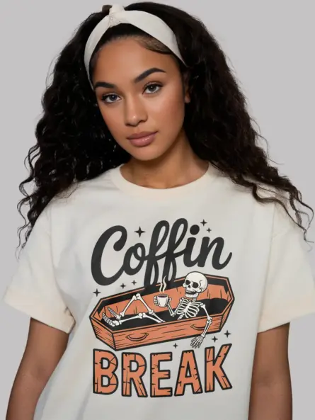 natural relaxed coffee lover wearing navy skeleton Halloween shirt