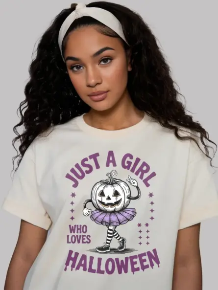 lifestyle – Halloween casual style in natural cute pumpkin girl Halloween t-shirt