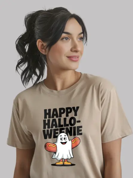 Playful Happy Halloweenie T-Shirt – Hot Dog Ghost Fun - Image 9