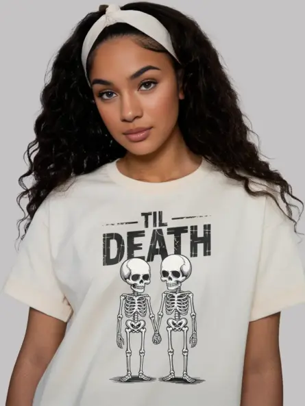 lifestyle – couple wearing natural gothic skeleton couple t-shirt