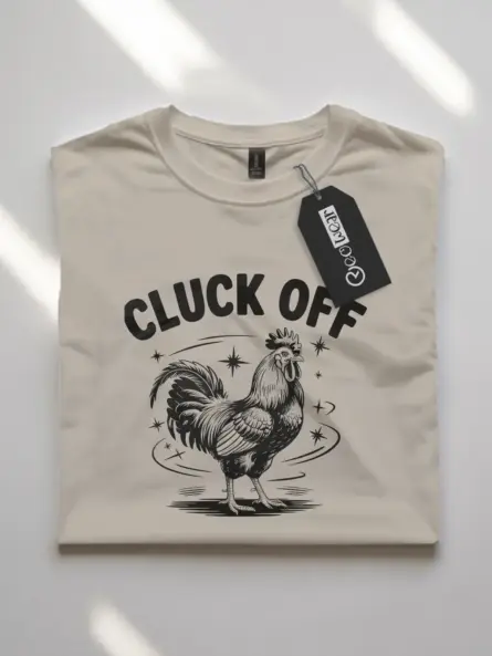 natural Front of navy cluck off chicken shirt for rooster fans