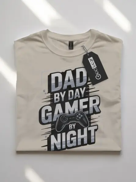Natural front view dad by day gamer by night shirt with video game controller