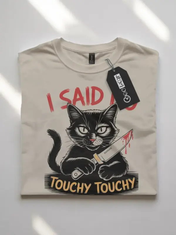 natural front view funny cat with knife no touchy touchy shirt