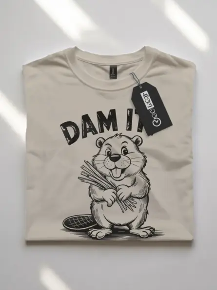 natural front view with dam it pun and cartoon beaver holding sticks