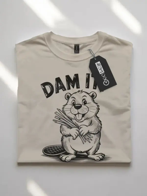 natural front view with dam it pun and cartoon beaver holding sticks