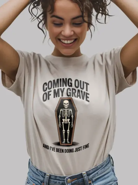 natural Shirt Lifestyle Shot – Coming Out of My Grave – funny skeleton coffin t-shirt