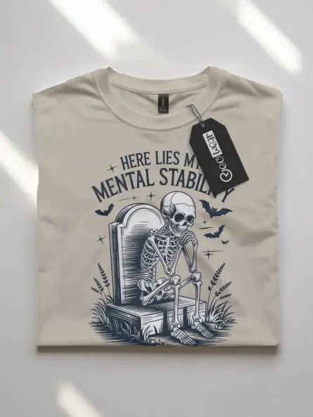 Natural front view – gothic script mental stability skeleton t-shirt natural