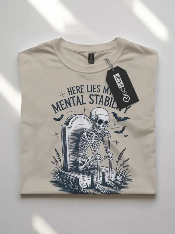 Natural front view – gothic script mental stability skeleton t-shirt natural